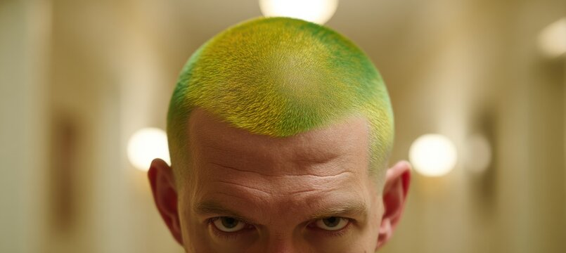 Middle-aged Caucasian man with fair skin and neon yellow-green buzz cut hair stares intensely. He has a serious expression with a furrowed brow.