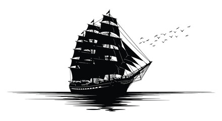 Detailed black and white illustration of a tall sailing ship with birds overhead © arfanah02