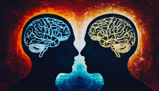 Bright brain outlines in profiles showing contrast between two minds in dark and light colors at a creative art display