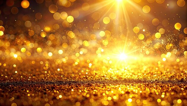 A dazzling abstract image showcases a vibrant golden bokeh effect, filled with shimmering lights and sparkling particles, creating a luxurious and radiant atmosphere.