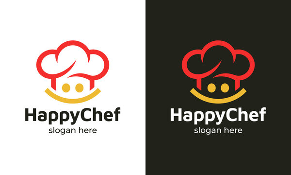 Happy chef illustration logo template design. Chef hat icon vector logo with a smile.