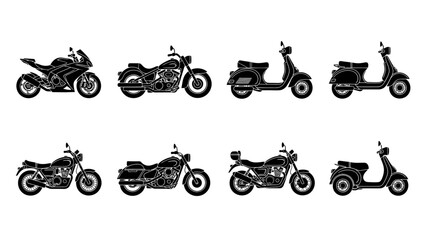 Obraz premium Collection of black and white motorcycle and scooter silhouettes on a white background