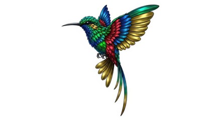 Vividly colored bird with metallic feathers appears mid-flight against a white background