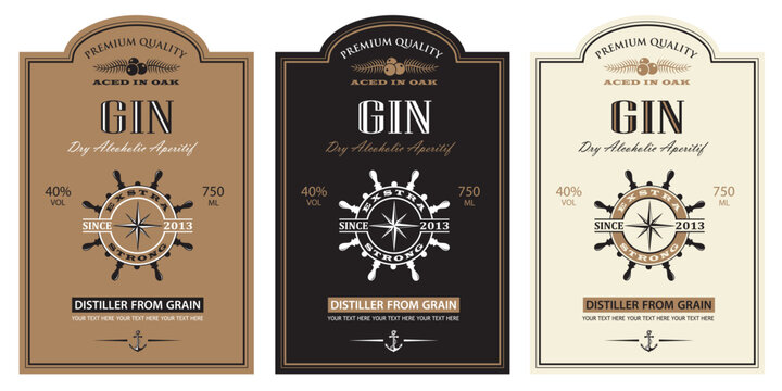 collection of gin labels with yacht helm in retro style