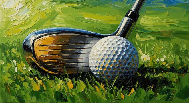 A vibrant impressionist oil painting with thick brushstrokes depicting a close-up of a golf club head right behind a white golf ball on green grass.