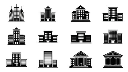 Fototapeta premium Collection of diverse black and white building icons representing various architectural styles and