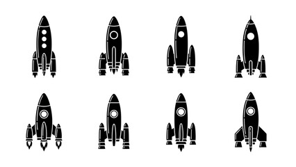 Fototapeta premium Collection of diverse black and white rocket ship vector illustrations on a clean white background