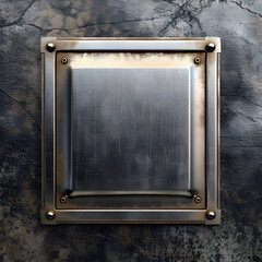 Obraz premium Square brushed metal plate with rivets on dark weathered background. Industrial metallic frame texture. Blank plaque for text or logo