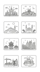 Naklejka premium Collection of Line Art Cityscapes and Architectural Styles from Around the World