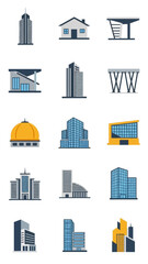 Fototapeta premium Collection of modern architectural building icons representing diverse urban structures