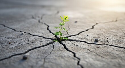 Obraz premium A symbolic image of a small green sprout emerging from a deep crack in dry, gray earth. Concept of hope, resilience, survival, and the power of nature in harsh conditions.