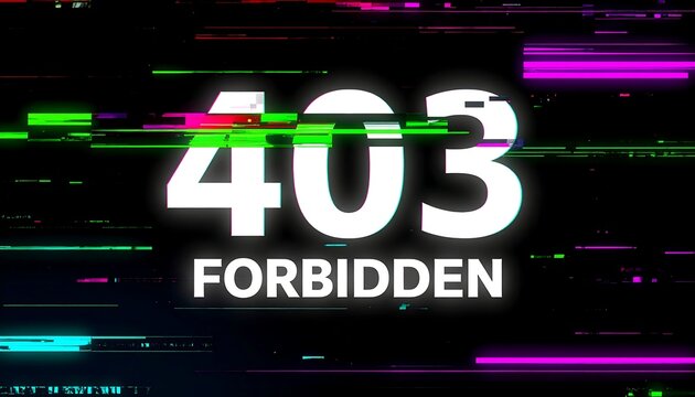 Glitch distorted cyber network interface showing 403 Forbidden HTTP status code with neon digital security error screen