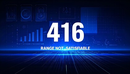 Futuristic blue technology dashboard showing 416 Range Not Satisfiable HTTP status code across advanced network monitoring interface
