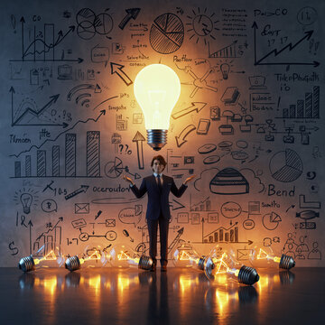 Businessman stands with arms raised in front of a wall filled with charts and diagrams while a large light bulb shines above