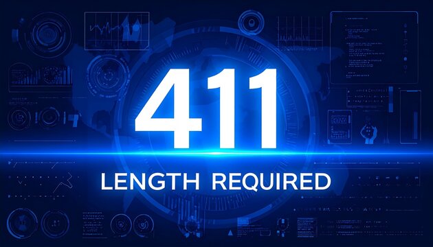 Futuristic blue technology dashboard visualizing 411 Length Required HTTP status code within glowing digital network communication interface