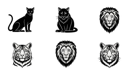 Collection of stylized black and white animal vector icons featuring big cats and lions © adha