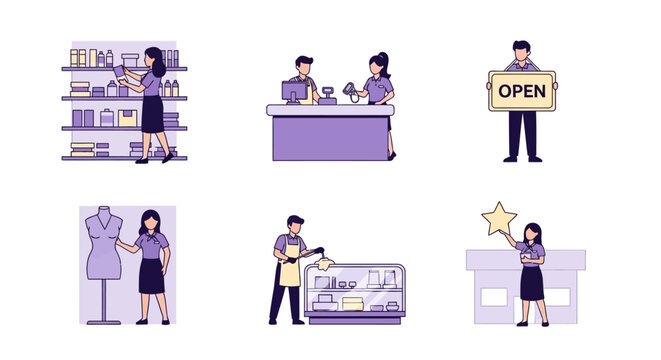 Six purpletoned illustrations depicting various retail and service job activities