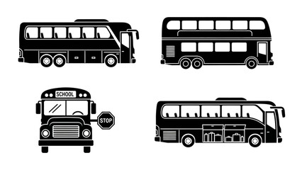 Collection of stylized black bus icons on a white background transportation themes © adha