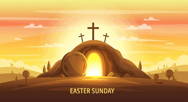 Easter Sunday Resurrection Tomb Sunrise with Three Crosses