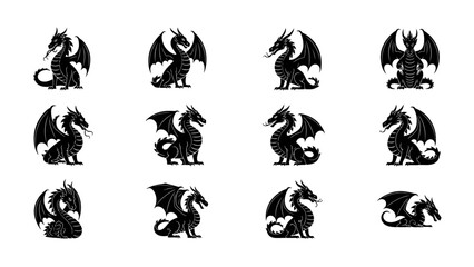 Fototapeta premium Collection of twelve stylized black silhouette dragon icons with varied poses