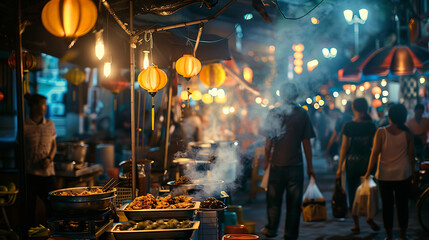 Vibrant Southeast Asian Night Market with Bustling Street Food Stalls and Blurred People