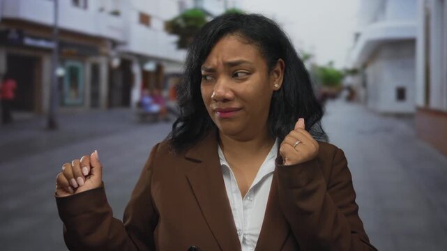 Woman pinches nose in city street amid storefronts and paved walkway, grimacing in reaction to an unpleasant odor; disgust.