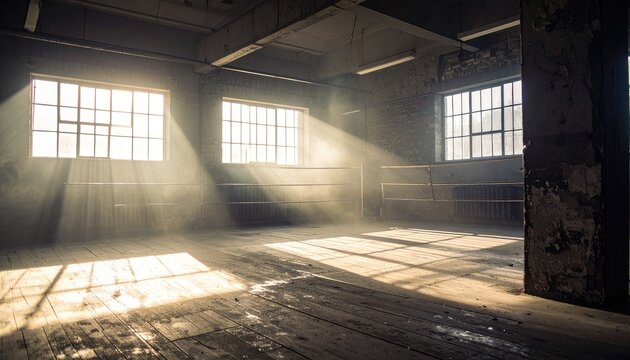 Sunlight streams through large windows into a dusty, abandoned warehouse or boxing gym.