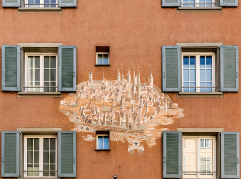 Historic fresco on Restaurant Swiss Chuchi in Rosengasse depicting the old town of Zurich, popular resttaurant in the old town of Zurich, Switzerland