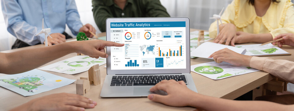 Computer software for website traffic analytics data on computer screen. Concept of SEO search engine optimization and customer targeting for online business brisk