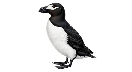 Fototapeta premium Detailed illustration depicts a black and white sea bird standing upright in profile view