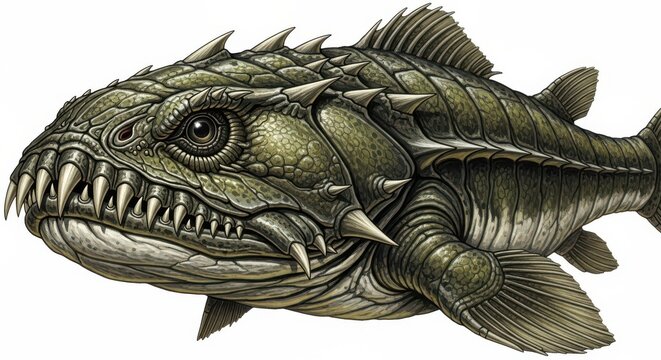 Detailed illustration of a monstrous, armored fish creature with sharp teeth and dorsal spikes