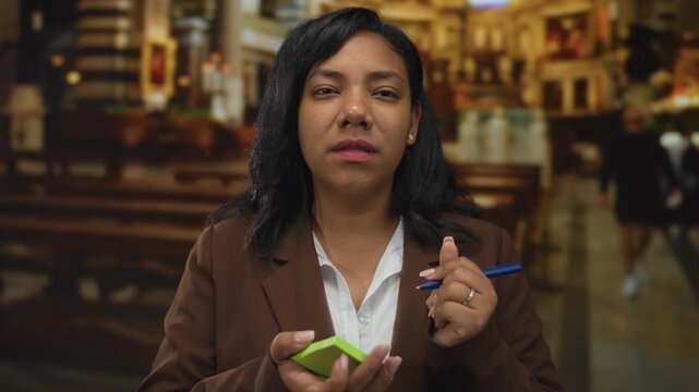 African american woman in brown blazer writing with a pen on sticky notes in a church building; quiet reflection.