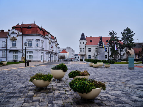 Historic Trnava Slovakia Public Square With Planters And Classic Architecture