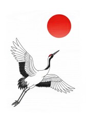 Obraz premium Graceful waterbird with outstretched wings soars beneath a large red circle in a minimalist design.