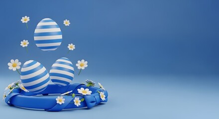 Naklejka premium Easter eggs and flowers in blue and white stripes on a gradient blue background