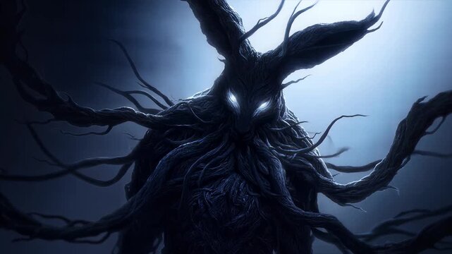A dark creature with glowing eyes and twisted branches emerges from a mysterious foggy environment.