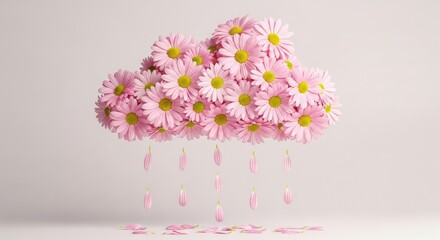 Surreal Concept of a Cloud Formed by Pink Daisies Raining Petals, Creative Minimalist Floral 3D Render