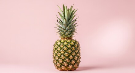 Fresh ripe whole pineapple isolated on a pastel pink background with ample copy space