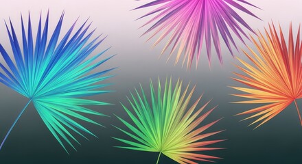 Colorful Neon Gradient Palm Leaves on a Dark Gradient Background, Tropical Summer Aesthetic Digital Illustration