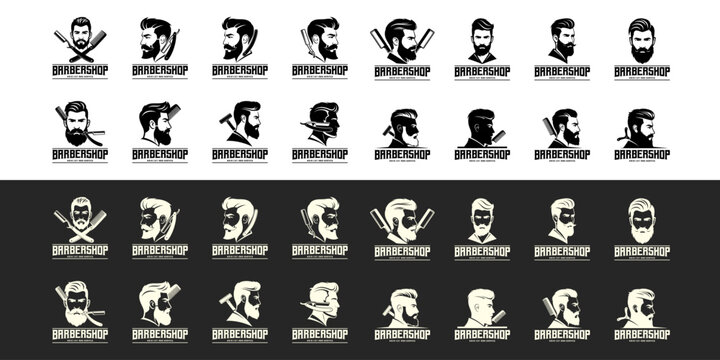Modern vintage barber logo bundle with pompadour hairstyle and beard illustration for grooming business branding