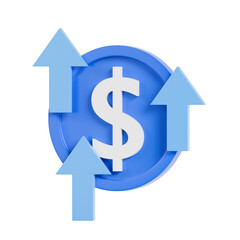 Obraz premium 3D illustration of a blue dollar coin with upward arrows symbolizing financial growth, profit increase, investment success and positive business trend