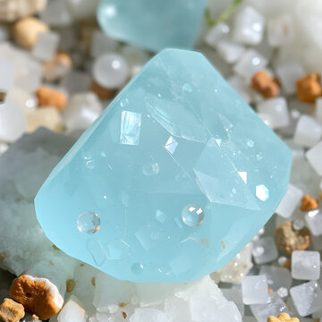 Aquamarine crystal mineral stone. Gems. Mineral crystals in the natural environment. Texture of precious and semiprecious stones. shiny surface of precious stone