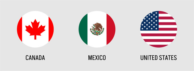 North America countries flags set featuring Canada, Mexico and United States in circular icon design with national colors and symbols, vector illustration collection for international themes © Breno