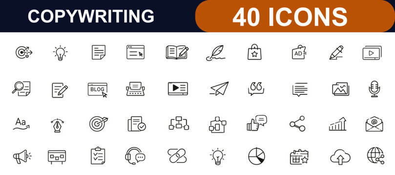 Copywriting web icons in line style. Content strategy, creative writing, document text, pen signature, marketing copy, blog article, media set. Editable stroke. Vector illustration.