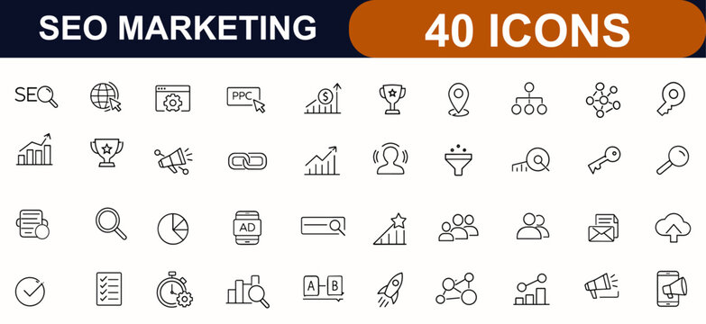 SEO web icons in line style. Search marketing, website traffic, ranking tools, business target, contact icons, optimization, digital strategy set. Editable stroke. Vector illustration.