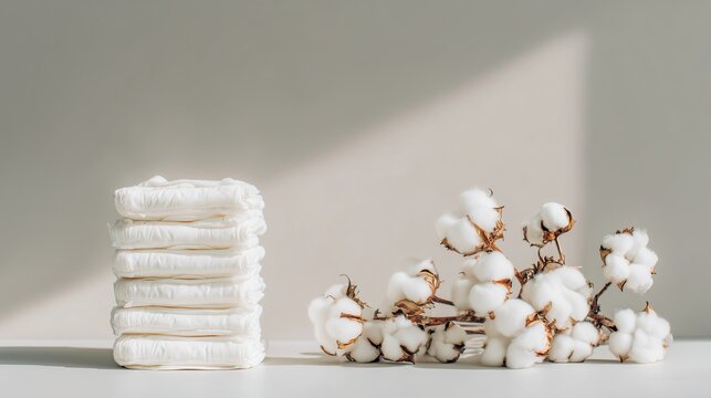 Stack of eco-friendly diapers and fresh cotton on minimal background  