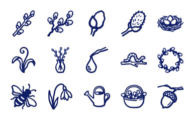 Fototapeta premium Hand-drawn spring nature and botanical elements for organic branding. Rustic, naive marker sketch illustrations featuring willow buds, pussywillow, and garden life.