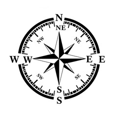 A black and white illustration of a compass rose showing cardinal directions and intermediate points.