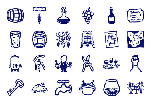 Hand-drawn winery and viticulture elements for rustic brand identity. Naive marker sketch illustrations featuring organic wine making and vineyard concepts.