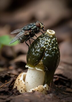 Common housefly rests upon the slimy gleba of a developing stinkhorn fungus in dim forest soil